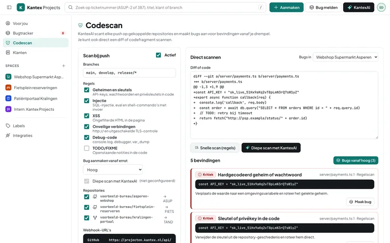 Code scan with findings per file