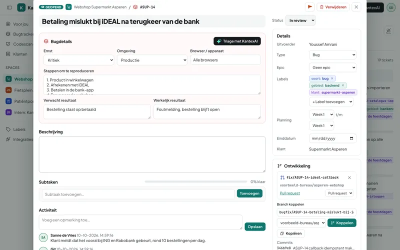 A ticket with branches, commits and subtasks